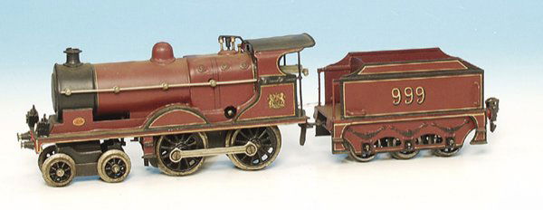 1 MÄRKLIN engl. Uhrwerkdampflok E 1020: Achsfolge 2'B, mit 3 achs. Tender, 38 cm, rotbraun/schwarz überwiegend n e u l a c k i e r t, technisch o.k.