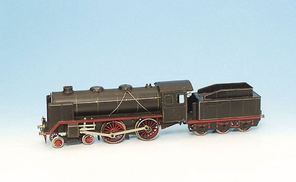 1 MÄRKLIN Uhrwerkdampflok E 921: Achsfolge 2'B, mit 3 achs. Tender, 53 cm, schwarz handlackiert, Lok original, Gebrauchsspuren, Tender n e u l a c k i e r t.