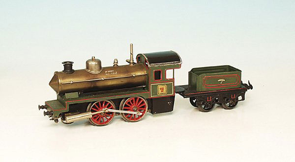 BING Spiritusdampflok: B, mit 2 achs. Tender. 39,5 cm, grün/schwarz n e u l a c k i e r t, oszillierende Zylinder, Kuppelstangen ersetzt, Besichtigung erforderlich.