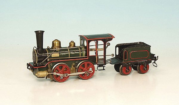 MÄRKLIN uralt Dampflok RNN 1021: B, mit 2 achs. Tender, 34,5 cm, schwarz/grün n e u l a c k i e r t, Lackschäden, Gebrauchsspuren, Umbaumerkmale.