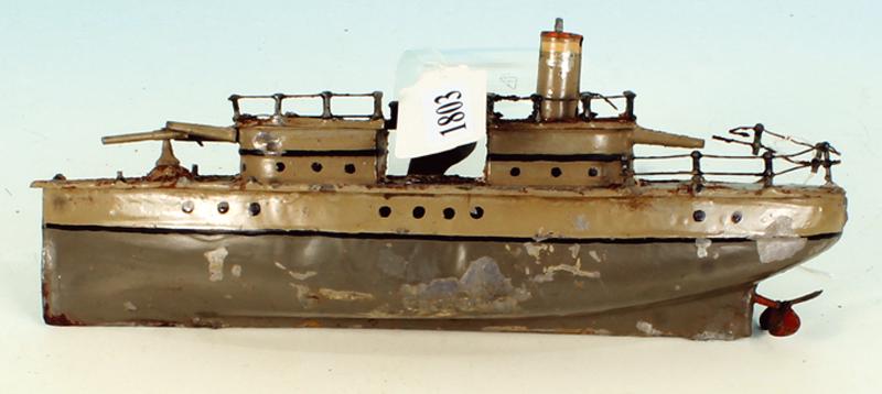 kleines Blech-Schiff: 30 cm, erhebliche Roststellen, Fabrikat nicht ermittelt, Restaurationsobjekt fuer Bastler!