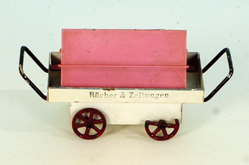 MARKLIN Zeitungswagen: 1 Rad beschaedigt, Zeitungen fehlen, Besichtigung empfohlen.