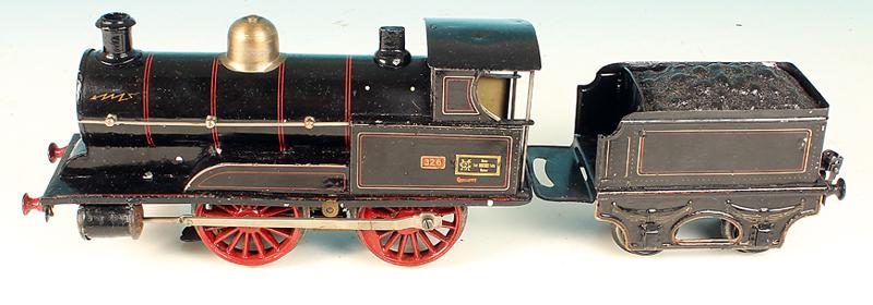 MARKLIN englische Dampflok R 3021: Schwachstrommotor 4 Volt, schwarz handlackiert, guter Orig.-Zustand, leichte Gebrauchsspuren.