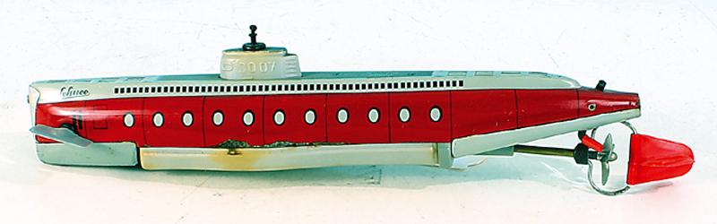 SCHUCO U-Boot 3007: Laenge 33 cm, Batteriefach gerissen, leichte Roststellen, hinteres Ruder gebrochen, Besichtigung erforderlich.