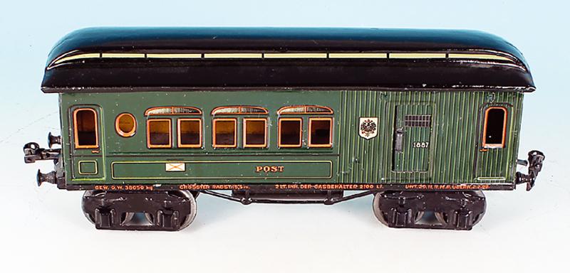 MARKLIN Post/Personenwagen 1887/1: 32,5 cm, Alterungs- und Gebrauchsspuren, kleine Ausbesserungen am Dach.