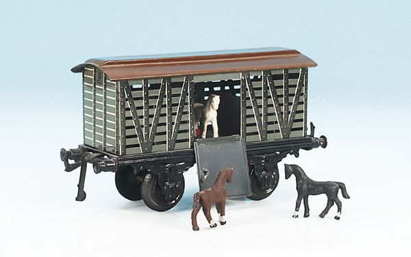 BING Viehtransportwagen: grau, Dach braun, mit 3 Tieren, guter Orig.-Zustand.