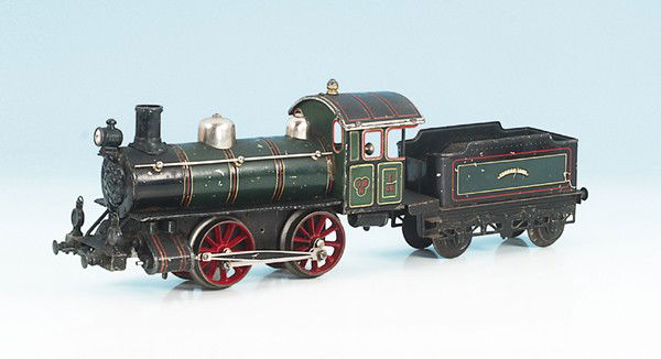 BING Dampflok: B, mit 2 achs. Tender, grün lithogr., Uhrwerkantrieb, Besichtigung erforderlich.