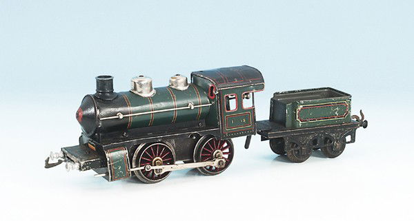 BING Dampflok: B, mit 2 achs. Tender, grün lithogr., Uhrwerkantrieb, Besichtigung erforderlich.