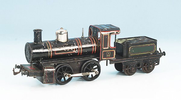 BING Dampflok: B, mit 2 achs. Tender, schwarz lithogr., Uhrwerkantrieb, Besichtigung erforderlich.