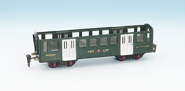 RESAL D-Zug-Wagen der SBB: 29,5 cm, MARKLIN Kupplungen, Dach fehlt, Orig.-Zutand, Gebrauchsspuren.