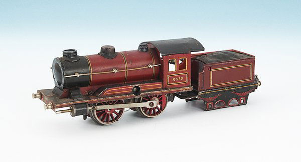 MARKLIN Uhrwerkdampflok R 950: B, mit 2 achs. Tender, 28 cm, rotbraun/schwarz, Tenderraeder fehlen, Orig.-Zustand, Gebrauchs- und Alterungsspuren, Besichtigung empfohlen.