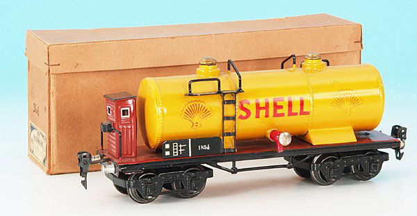 MARKLIN Kesselwagen 1854/0 "SHELL": 24,5 cm, gelb handlackiert, erstklassiger Orig.-Zustand, im OKT mit beschaedigter Nummer.english Description: C 9, in original box with incomplete label