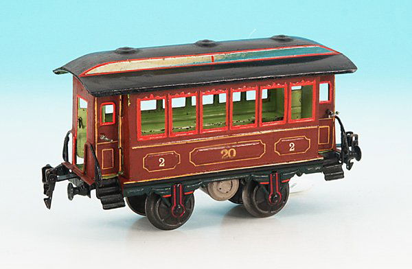 MARKLIN Personenwagen 1821/1: 22 cm, braun, Oberlichtdach schwarz handlackiert, Inneneinrichtung mit Laengsbaenken, Blechspeichenraeder, guter Orig.-Zustand, leichte Gebrauchsspuren. english Description: