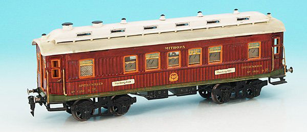 MARKLIN D-Zug-Speisewagen 1932/1 G: 40 cm, teak, Oberlichtdach weiß handlackiert, mit Inneneinrichtung, bemalte Cellonscheiben, 4 Zuglaufschilder, massive Raeder, guter Orig.-Zustand. english Description: