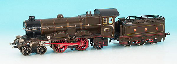 MARKLIN Dampflok CE 13021 N.B.R.: 2'B1', mit 3 achs. Tender, 61 cm, braun/schwarz handlackiert, Motor 20 Volt. Tender: Neubau. Lok: Lackschaeden, Gebrauchsspuren, Treibraeder und Gestaenge rot neu lackiert. english Description: