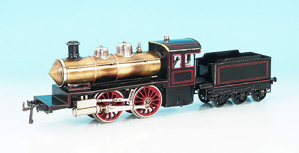 BING Spiritus-Dampflokomotive 161/1585: B mit 3 achs. Tender, Fuehrerhaus ueberwiegend charmant neulackiert, Brenner vorhanden. Guter Zustand.