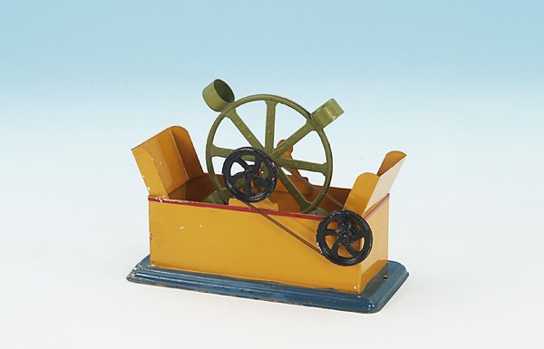 BING Betriebsmodell "Schoepfrad": blau/gelb handlackiert, guter Orig.-Zustand, leichte Gebrauchsspuren.