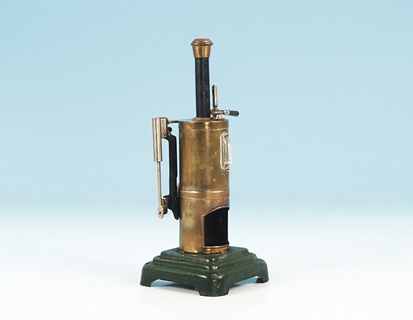 kleine MARKLIN stehende Dampfmaschine 4109/5: Hoehe mit Schornstein 26 cm, Brenner fehlt, oszillierender Zylinder, Gebrauchsspuren.