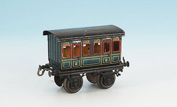 BING uralt Personenwagen 6249/1: 15 cm, dunkelgrün lithogr., Dach schwarz handlackiert, Orig.-Zustand, einige Gebrauchsspuren.