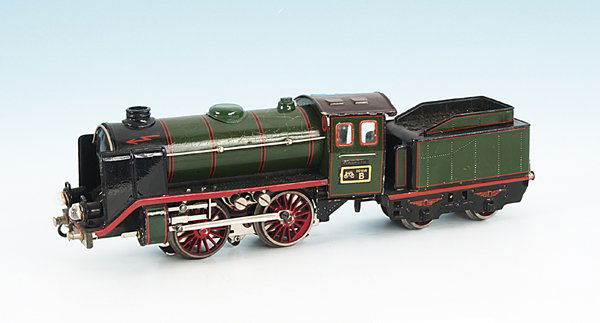 MÄRKLIN Dampflok R 66/12920: B, mit 2 achs. Tender, 33,5 cm, grün/schwarz, Führerhausdach braun, geringe Lackschäden, leicht rissig, vernickelter Motor, Technik macht guten Eindruck.