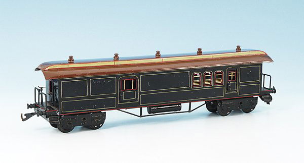 BING D-Zug-Packwagen 10/540/1, Spur 1: 48 cm, blau, Oberlichtdach braun handlackiert, 2 offene Bühnen, kleine Diensteinrichtung, bemerkenwert guter Orig.-Zustand.