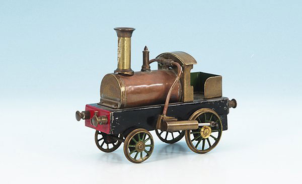 uralt Spiritusdampflok: 1'A, oszillierende Zylinder, original Brenner vorhanden, Fabrikat möglicherweise Carette, guter Orig.-Zustand, leichte Gebrauchsspuren.