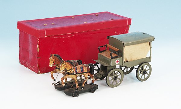 HAUSSER/ELASTOLIN Santitätsgespann WK 1: Gesamtlänge 24,5 cm, Krankentragen fehlen, Orig.-Zustand, Gebrauchsspuren, Besichtigung empfohlen, im OKT.