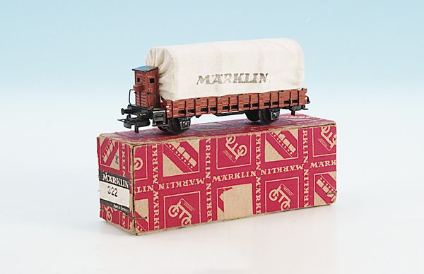 MÄRKLIN Planewagen 322.3, neuwertig: Guss, Plane mit Aufschrift MÄRKLIN, ohne Bremsbacken, im OKT.