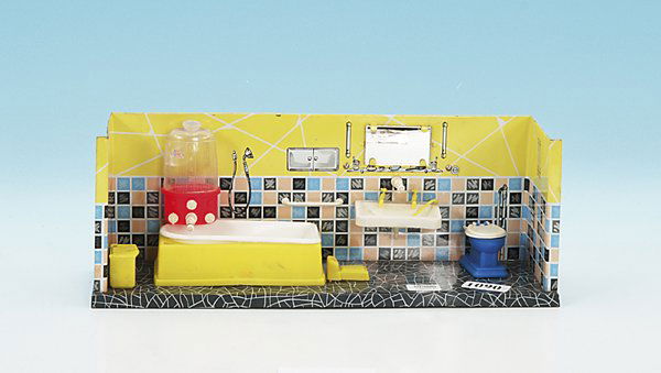 50er Jahre Badezimmer: 35 x 10 cm, bunt lithographiert, guter Originalzustand