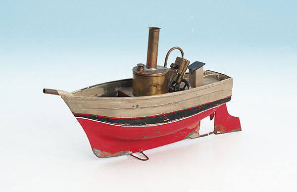 S & H Dampfpinasse: Länge 27,5 cm, oszillierender Zylinder, Brenner fehlt, teilweise neu lackiert, Lackschäden, Gebrauchsspuren, Besichtigung erforderlich.