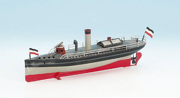 BING Torpedoboot: Länge 38 cm, grau/schwarz/rot handlackiert, mit Dampfantrieb, oszillierender Zylinder, überwiegend neu lackiert, Besichtigung erforderlich.
