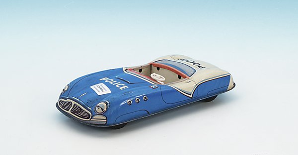 Polizei-Sportwagen: Länge: 22 cm, blau/weiß lithographiert, Made in Western Germany, Windschutzscheibe fehlt, Gebrauchsspuren