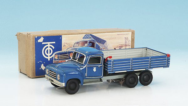 TippCo Seitenkipper-Lastwagen Nr. 320: blau lithogr., Uhrwerkantrieb, guter Orig.-Zustand, im OKT.