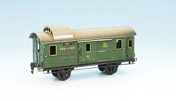 MÄRKLIN Packwagen 1808/1 S.B.B C.F.F.: 27 cm, grün, Dach grau, handgemalte SBB Aufschriften, Originalzustand, leichte Gebrauchsspuren