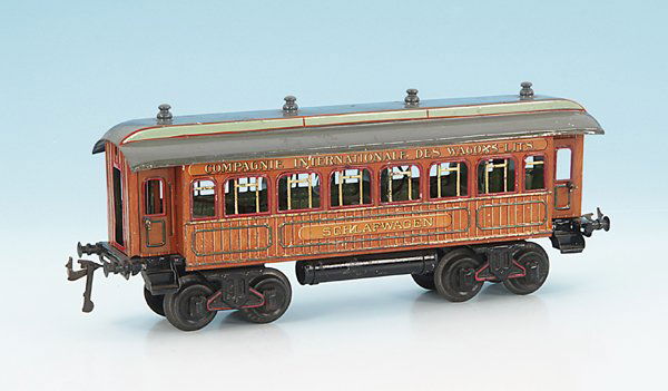 BING D-Zug-Schlafwagen: 34,5 cm, teak lithogr., Oberlichtdach grau handlackiert, mit Inneneinrichtung, Orig.-Zustand, leichte Gebrauchsspuren.