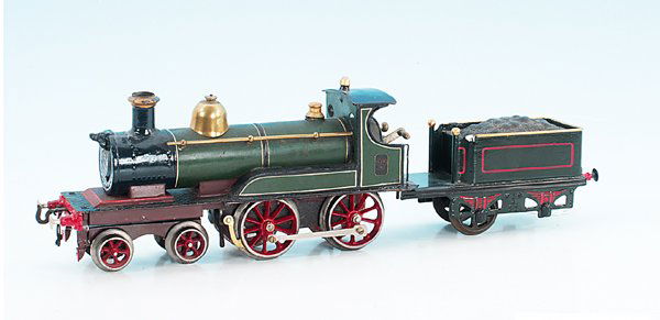 BING engl. Uhrwerkdampflok: 2'B, mit 2 achs. Tender, reguliertes Uhrwerk, grün/schwarz n e u l a c k i e r t, Tender nicht passend, Besichtigung erforderlich.