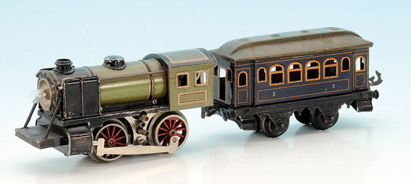 KARL BUB Dampflok: B, lindgrün lithogr., Tender fehlt, dazu 1 BING Personenwagen, Besichtigung erforderlich.