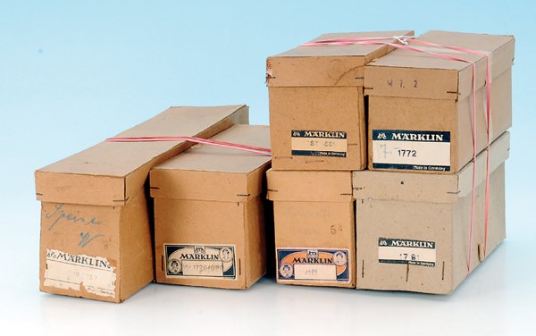 6 MÄRKLIN Leerkartons, Spur 0: 1772, 1959, 1681, 1781, 1752 und 1726, noch guter Zustand.
