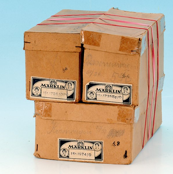 3 MÄRKLIN Leerkartons, Spur 0: 1725, 1726 und 1974, Deckel beschädigt.