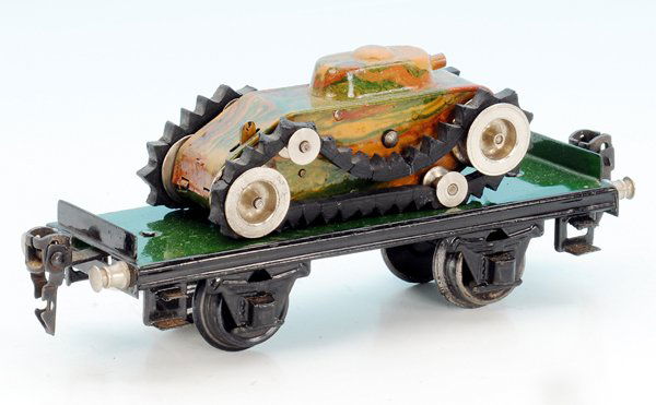 MÄRKLIN Panzertransportwagen 1998/0: 16,5 cm, beladen mit Panzer 1086/00, Uhrwerkantrieb, original Raupen verhärtet, ansonsten guter Orig.-Zustand.