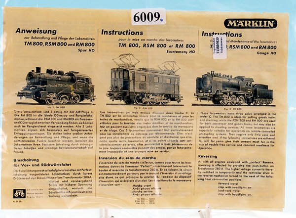 Bedienungsanleitung MÄRKLIN TM/RM/RSM 800: eingerissen und geklebt. Besichtigung erforderlich!