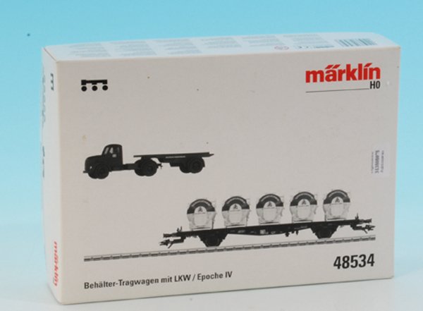 MARKLIN BehÃ¤ltertragwagen mit LKW 48534: neuwertig, im OKT.