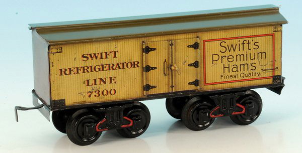 BING amerik. KÃ¼hlwagen SWIFTÂ´S PREMIUM HAMS 525/84/1: 24 cm, lithografiert, Dach umbra handlackiert, guter Orig.-Zustand, leichte Gebrauchsspuren.