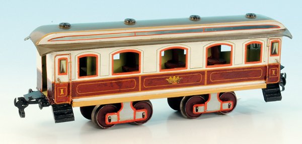 MARKLIN Kaiserwagen 1841/II K: 36 cm, rot/weiÃŸ, Oberlichtdach umbra handlackiert, mit Inneneinrichtung, Ringbordkupplungen, massiven GussrÃ¤dern, Austupfungen rundum, Besichtigung empfohlen.