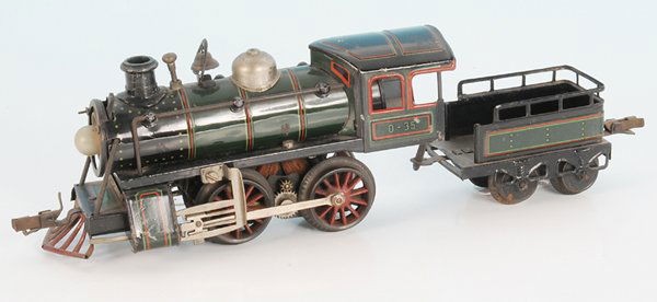 KARL BUB amerik. Dampflok: B, mit 2 achs. Tender, 29 cm, gruen/schwarz lithogr., mit Kuhfaenger und Glocke, Gebrauchsspuren, Besichtigung erforderlich.