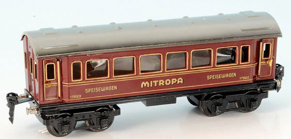 MARKLIN D-Zug-Speisewagen 1752/0: 24,5 cm, rot, Dach grau, mit original Innenbeleuchtung, guter Orig.-Zustand.