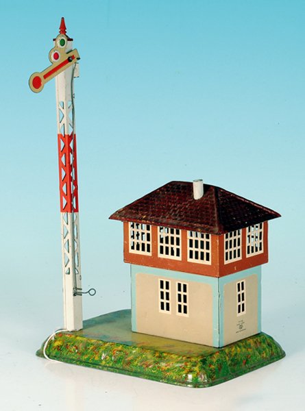 BING Stellwerk mit Signal: 17 x 13 cm, guter Orig.-Zustand, leichte Gebrauchsspuren.