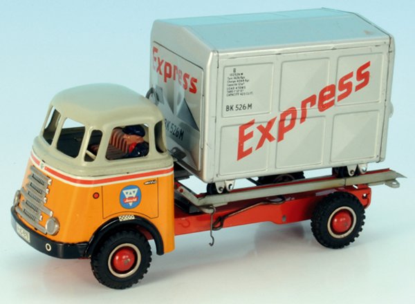 ARNOLD Expressgut-LKW: 28 cm, mit Express-Container, bunt lithogr., guter Orig.-Zustand, leichte Gebrauchsspuren.