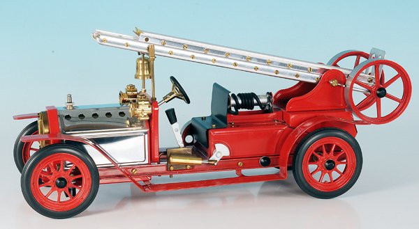 MAMOD Dampffeuerwehr-Leiterwagen: Laenge 45 cm, Dampfantrieb, rot handlackiert, neuwertig, sehr huebsch!