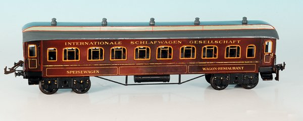 BING Speisewagen 10/286: 48,5 cm, rotbraun, Oberlichtdach grau, dieses neulackiert, Wagenkasten mit leichten Gebrauchsspuren.